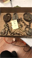 Box lot of five vintage locks and key