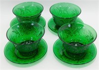 * Four Forest Green Sandwich Glass Custards and