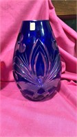 Cobalt Cut to Clear Bohemian Fan & Flourish Vase