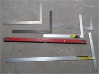 Dry wall T square, level and (4) carpenter squares