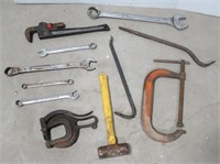 Various tools including Husky 18" pipe wrench, C