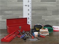 VARIOUS TOOLS IN TOOLBOX & HATS