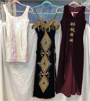 Beaded gown, velour gown and mini dress