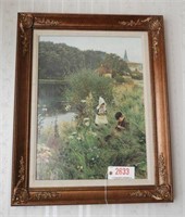 Framed print of Children by Pond in contemporary