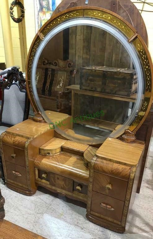 Art Deco Waterfall Vanity Dresser With, Antique Waterfall Dresser With Mirror