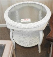 White wicker round glass insert end table 24”