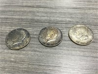 Three 1964D Kennedy half dollars. 90% silver