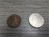 1925 wheat penny and 1900 V nickel