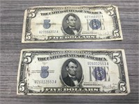 Two 1934 -5 dollar silver certificates