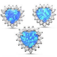 Blue Opal Heart Halo Cut Earrings & Pendant Set