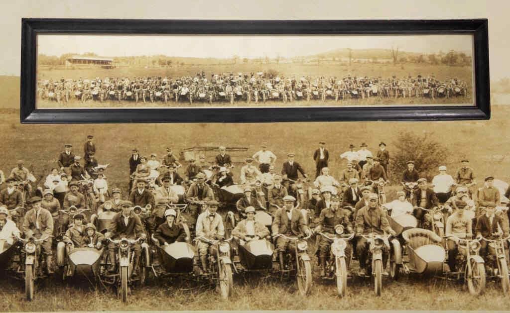 Selection of early transportation photos, including this rare yard-long of an Indian / Harley-Davidson motorcycle meet in Lancaster, PA