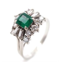 Emerald and diamond set white gold cluster