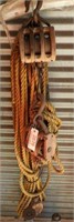 Qty of wooden block and tackles and vintage rope