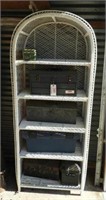 (5) tool boxes and white wicker 5 tier shelf
