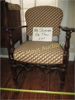 Antique Carved Wood Upholstered Arm Chair