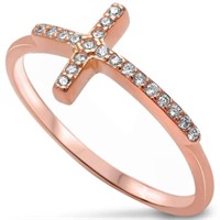 Rose Gold-Plated Sideways CZ Cross Ring