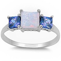 Princess Cut White Opal & Tanzanite Ring