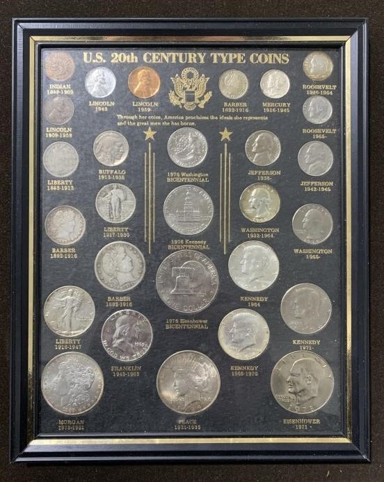 U.S. 20th century type coin collection in frame