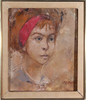 Signed Dobbs "Girl in Red Headband" Oil on Canvas