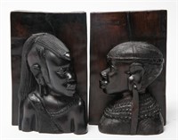 Carved Wood Bookends w African Figures, Pair