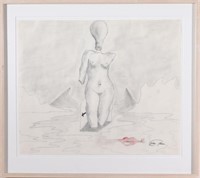 Illegibly Signed Surrealist Pencil Drawing