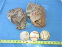 Vintage Leather Baseball Gloves & Signed Baseballs