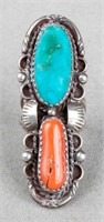 Native American Silver Turquoise & Coral Ring