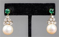 18K Emerald, Diamond & South Sea Pearl Earrings