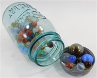 * 100 Old Marbles and 4 Shooters in a Ball Mason
