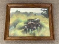 Antique Car Pastel Painting Signed J. Miller 1979