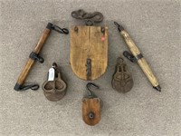 Group of Vintage Wooden Pulleys & Accessories