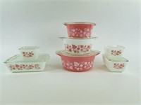 7 Pyrex Pink Gooseberry Covered Dishes