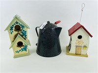 2 Bird Houses & an Agate Coffee Pot