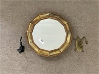 Octagonal Mirror and  2 Coat Hooks