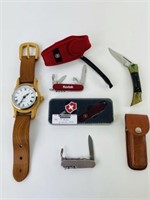 4 Pocket Knives and a Wooden Watch