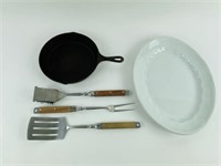 Cast Iron Skillet, Ironstone Platter & BBQ Tools