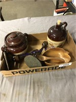 Small bean pot, crock jug, wood items