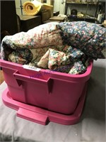 Pink tub w/ lid, bedspread