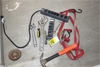 Assorted tools, ratchet, power strip