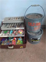 Fishing tackle box & 2 metal bait buckets