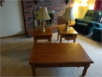 Oak End Tables, Coffee Table, Matching Table Lamps