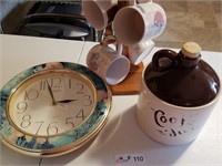 Cookie Jar, Clock & Cups w/stand