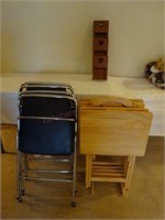 Oak Tray Stand w/Trays, Folding Chairs, etc.