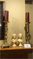 2-19in tall brass candle holders, 2 bust