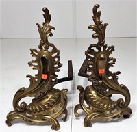 Cast Brass Andirons, acanthus leaf design, 17.5"T,