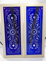 Pair Etched Glass Windows, blue glass cut through