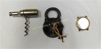 Anhueser Busch cork screw, antique padlock,