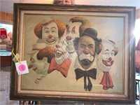 SIGNED OIL ON BOARD CLOWNS IN FRAME