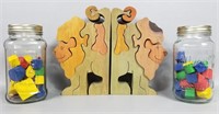 Lion Puzzle Bookends & Jars of Wooden Blocks