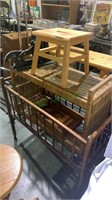 Small child size crib, small pinewood stool, some